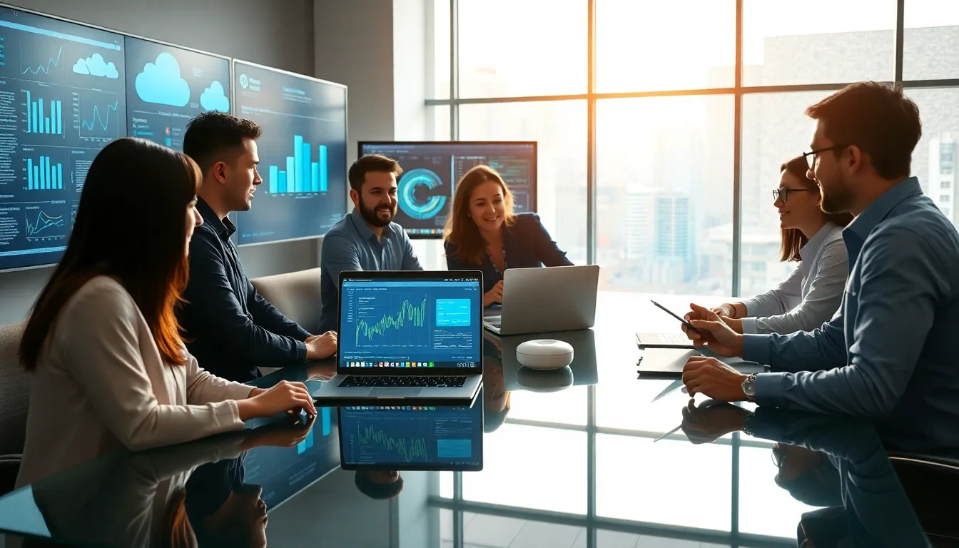 diverse tech team collaborating in a modern office on cloud solutions.