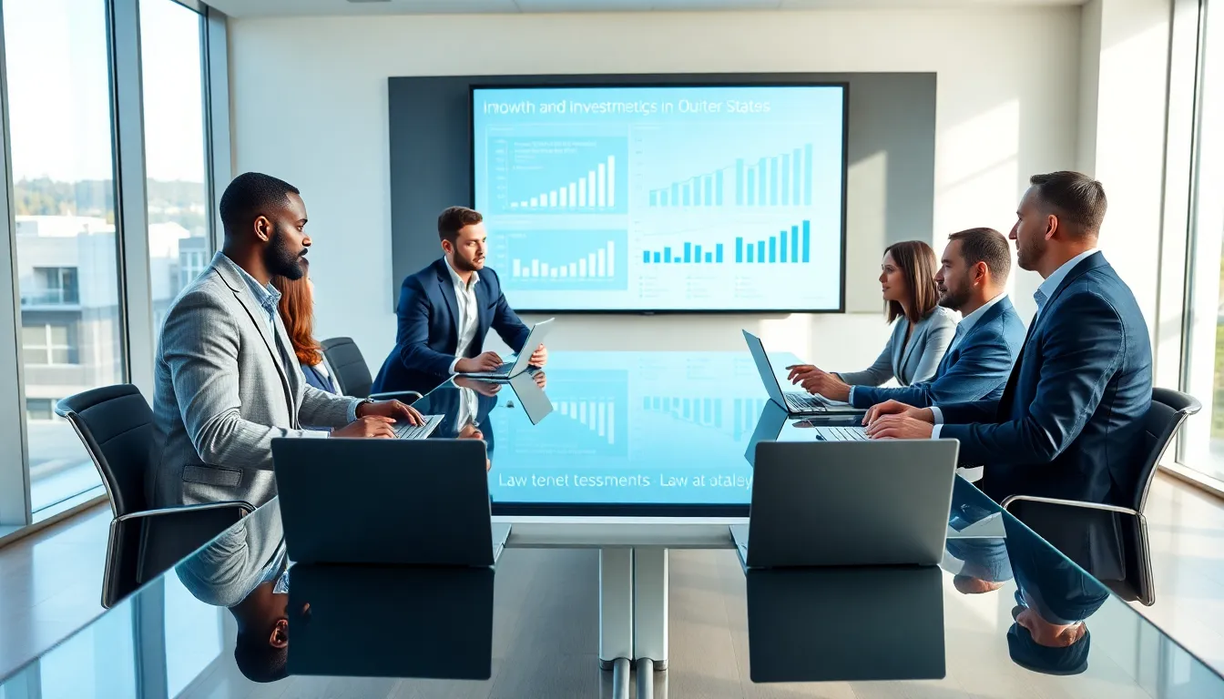diverse professionals discussing legal technology in a modern office.