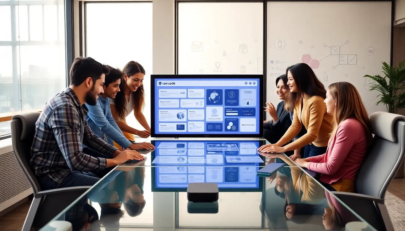 diverse team collaborating with a low-code platform in a modern office.