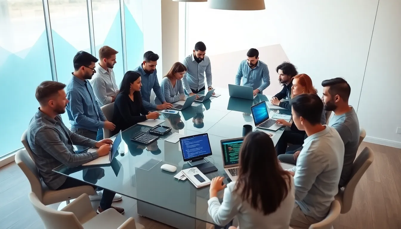 diverse team collaborating in a modern office on software development.
