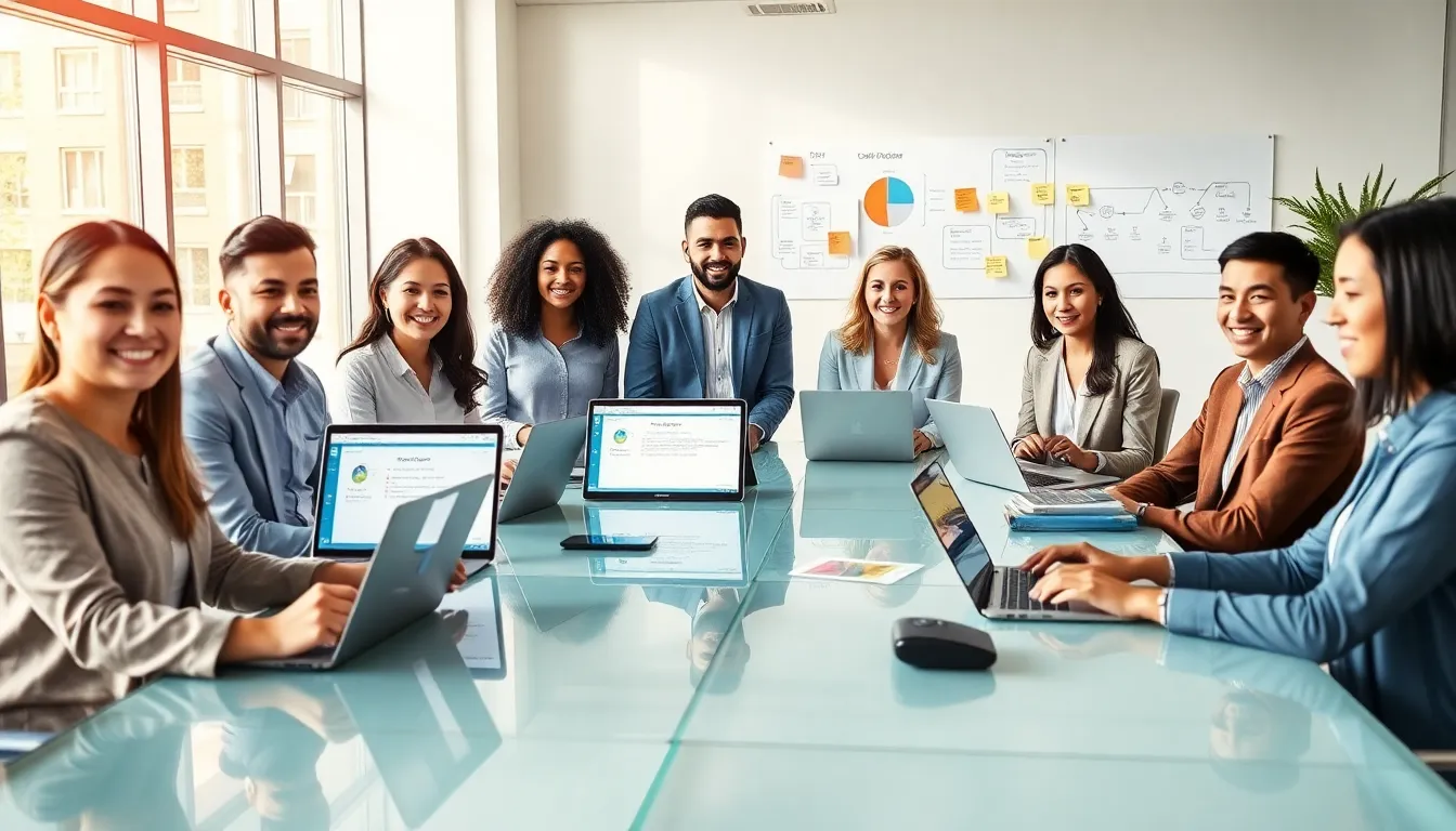 diverse team collaborating on low code platform development in a modern office.