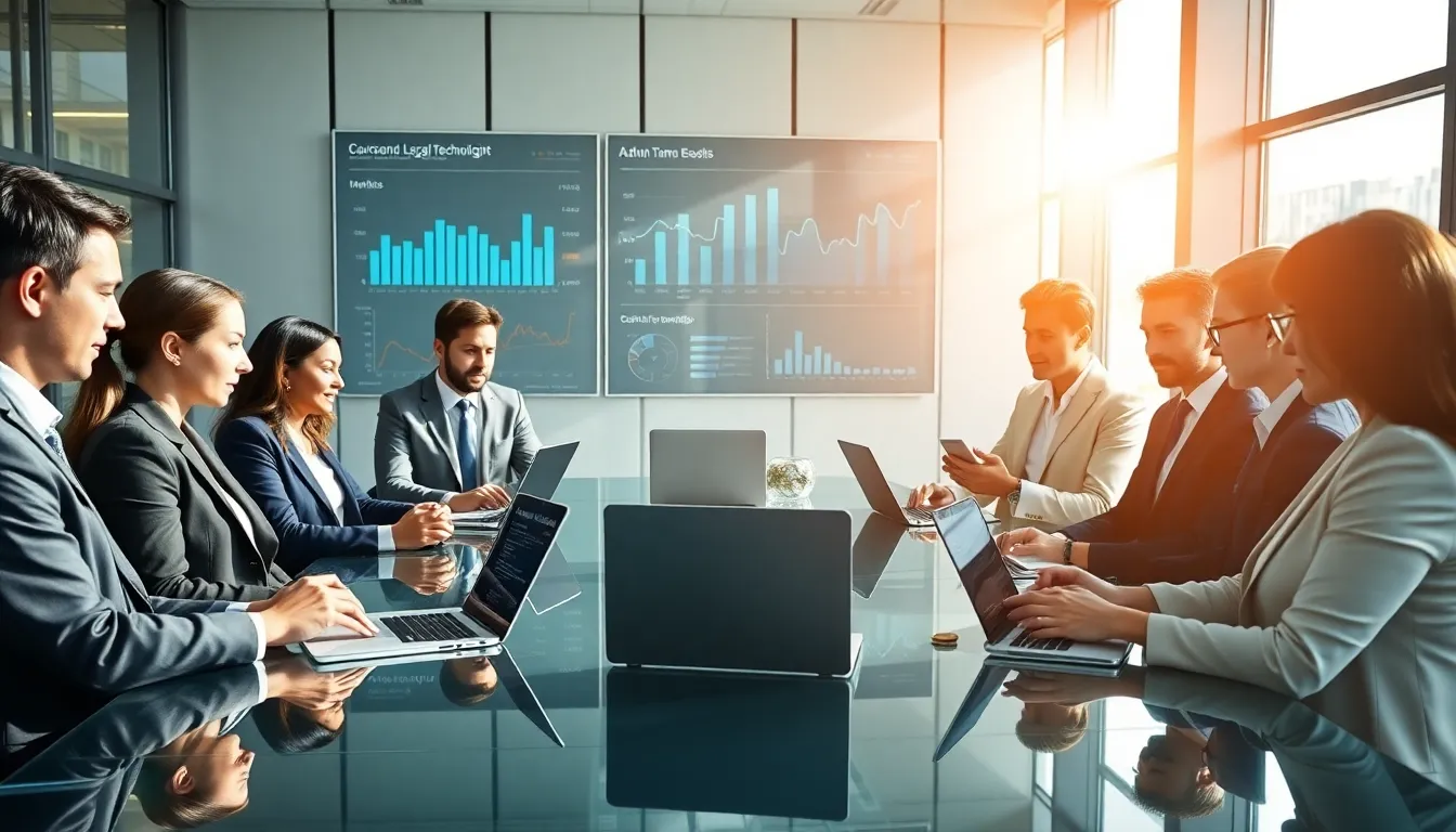 diverse legal team discussing technology in a modern office.