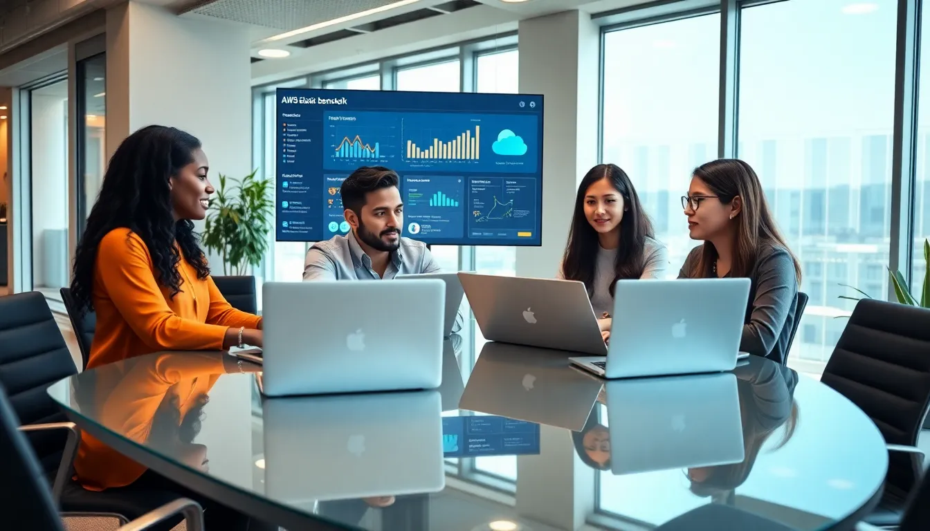 diverse team collaborating on AWS Elastic Beanstalk in a modern office.