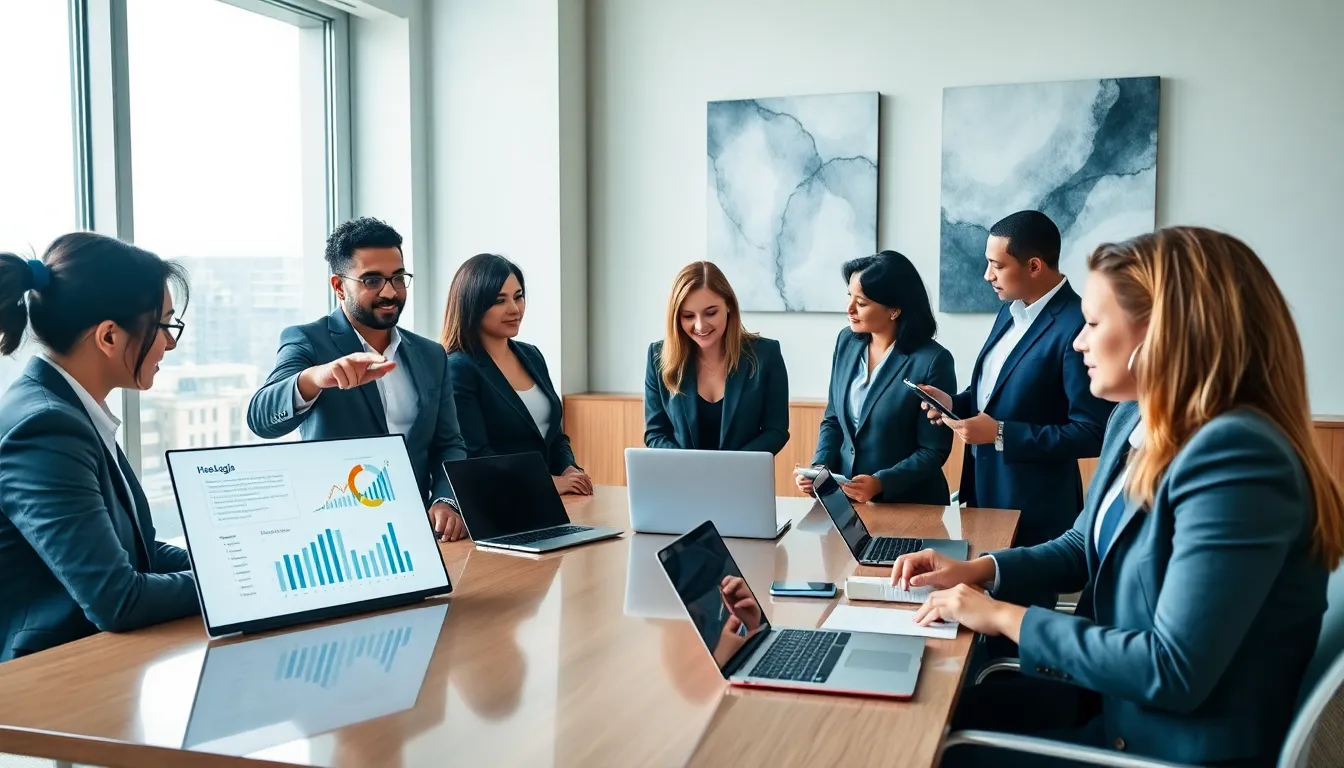 diverse team discussing legal technology solutions in a modern office.