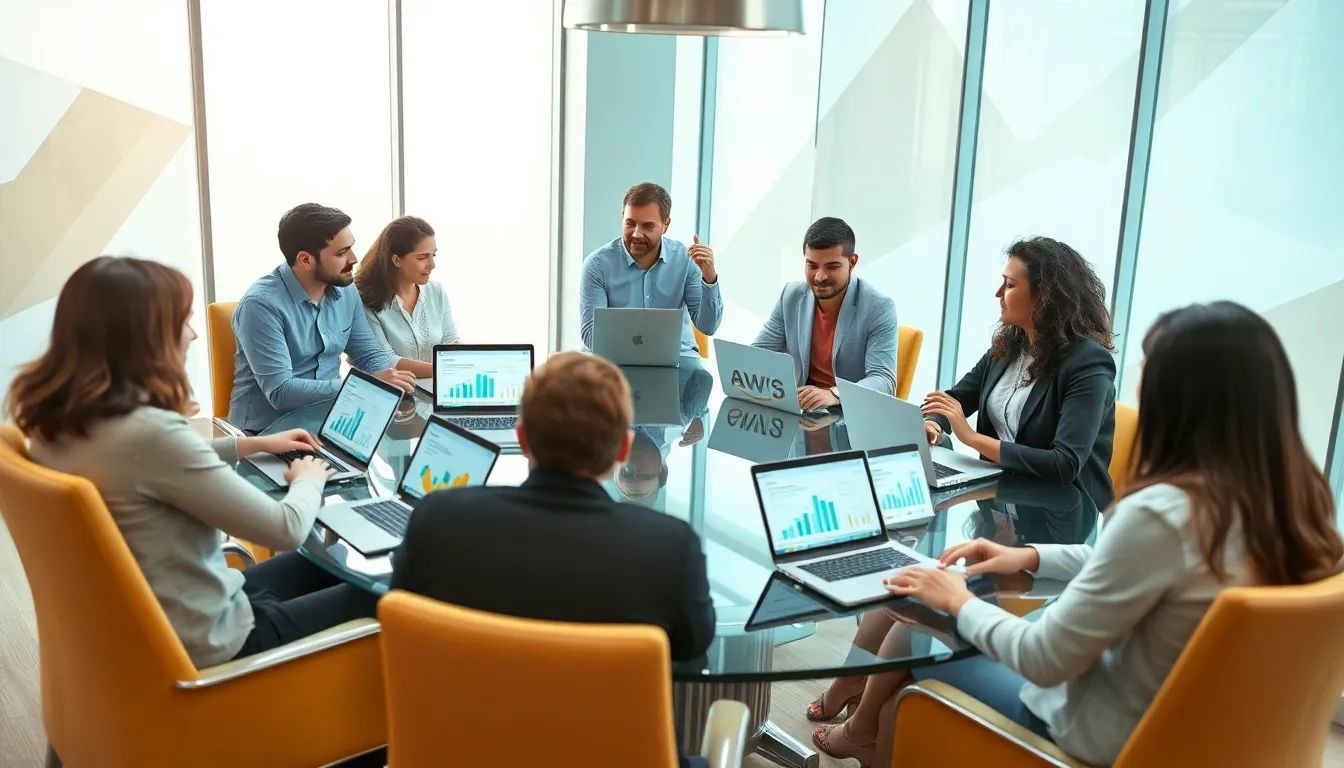 diverse team discussing AWS cloud computing solutions in a modern office.
