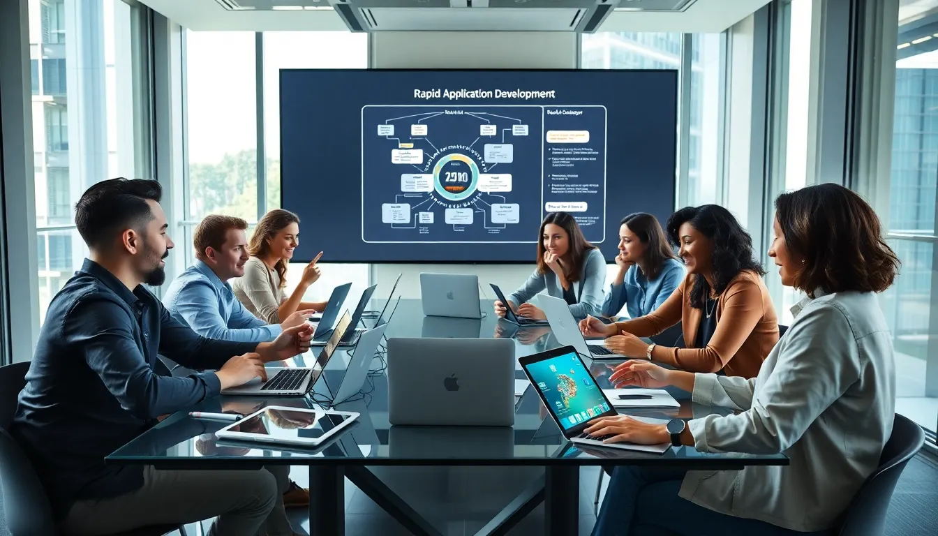 diverse team collaborating on low code app development in a modern office.